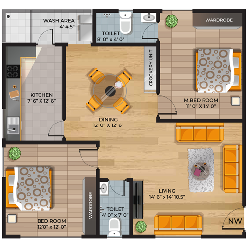 2BHK 1200SFT East Facing